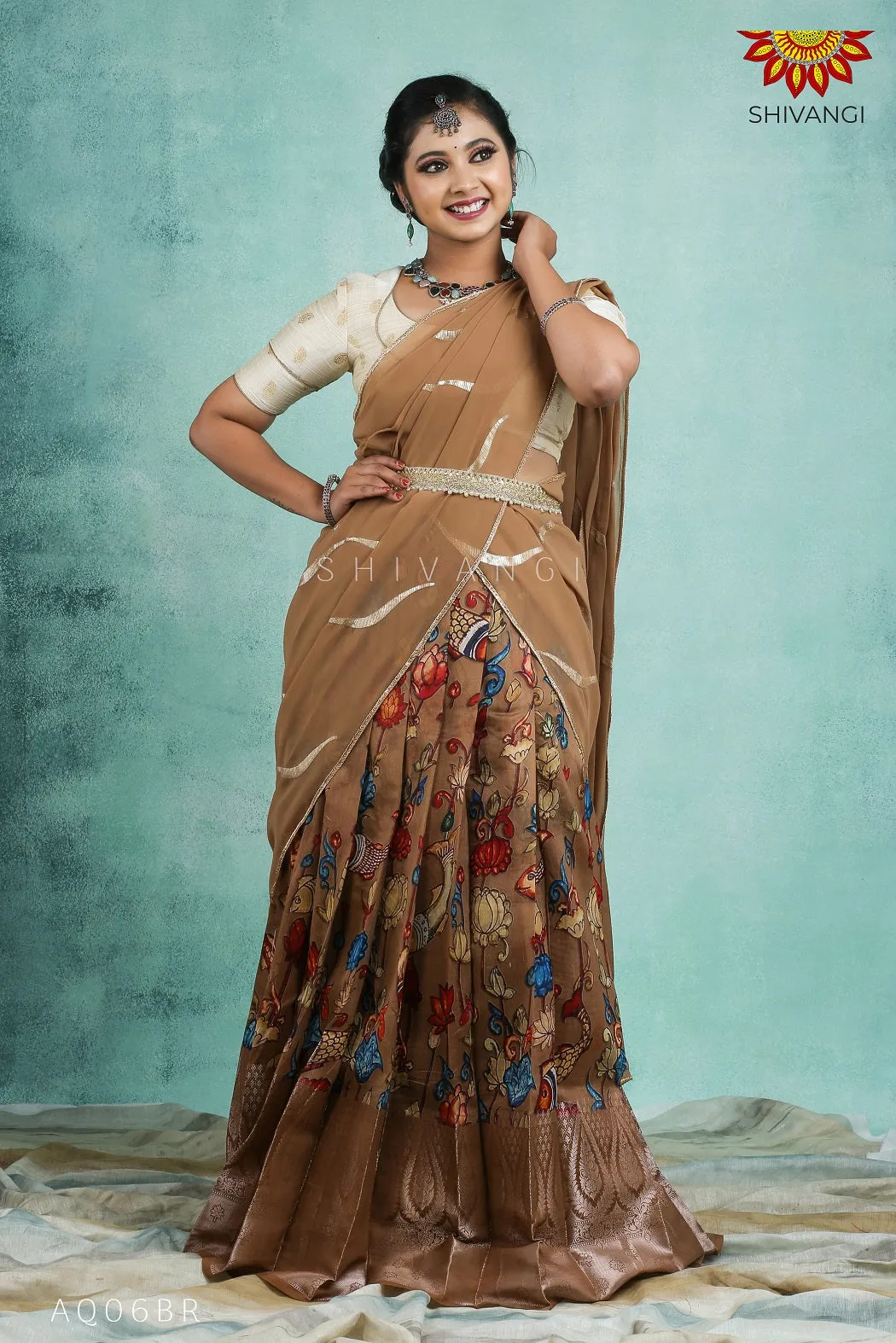 Girls Brown Kalamkari Fish Half Saree | Langa davani