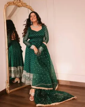 Green Georgette Embroidered With Sequins Anarkali Suit Set