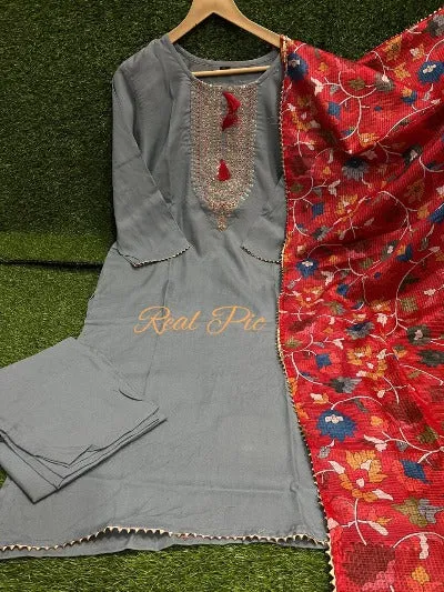 Grey Cotton Suit Set With Printed Kota Doriya Dupatta