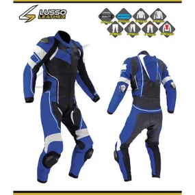 Hackett's blue and black motorcycle leather suit