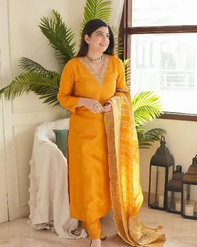 Haldi Yellow Heavy Rayon V Neck Salwar Suit Set