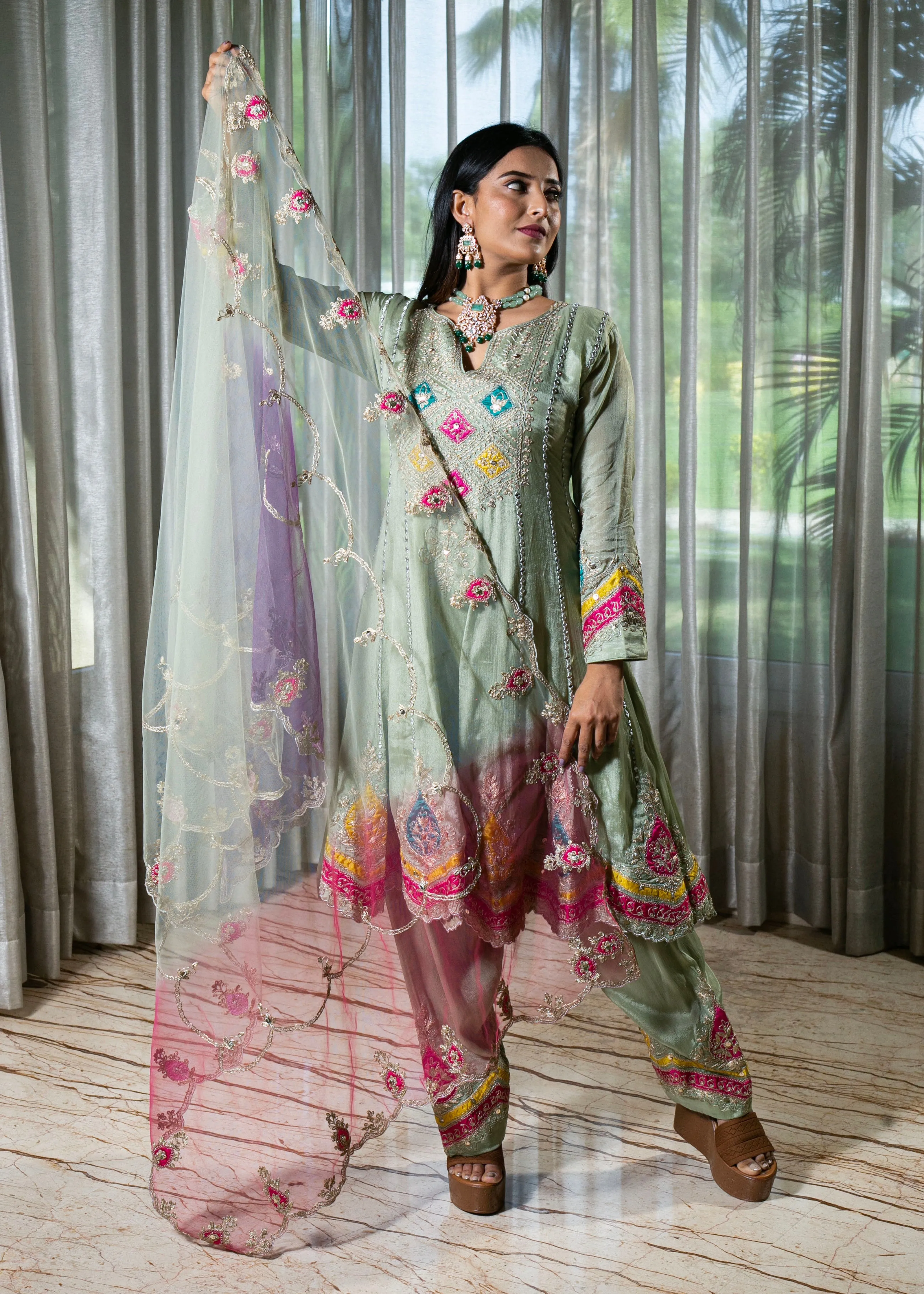 Handcrafted Pista Green Chinnon Georgette Anarkali Suit.