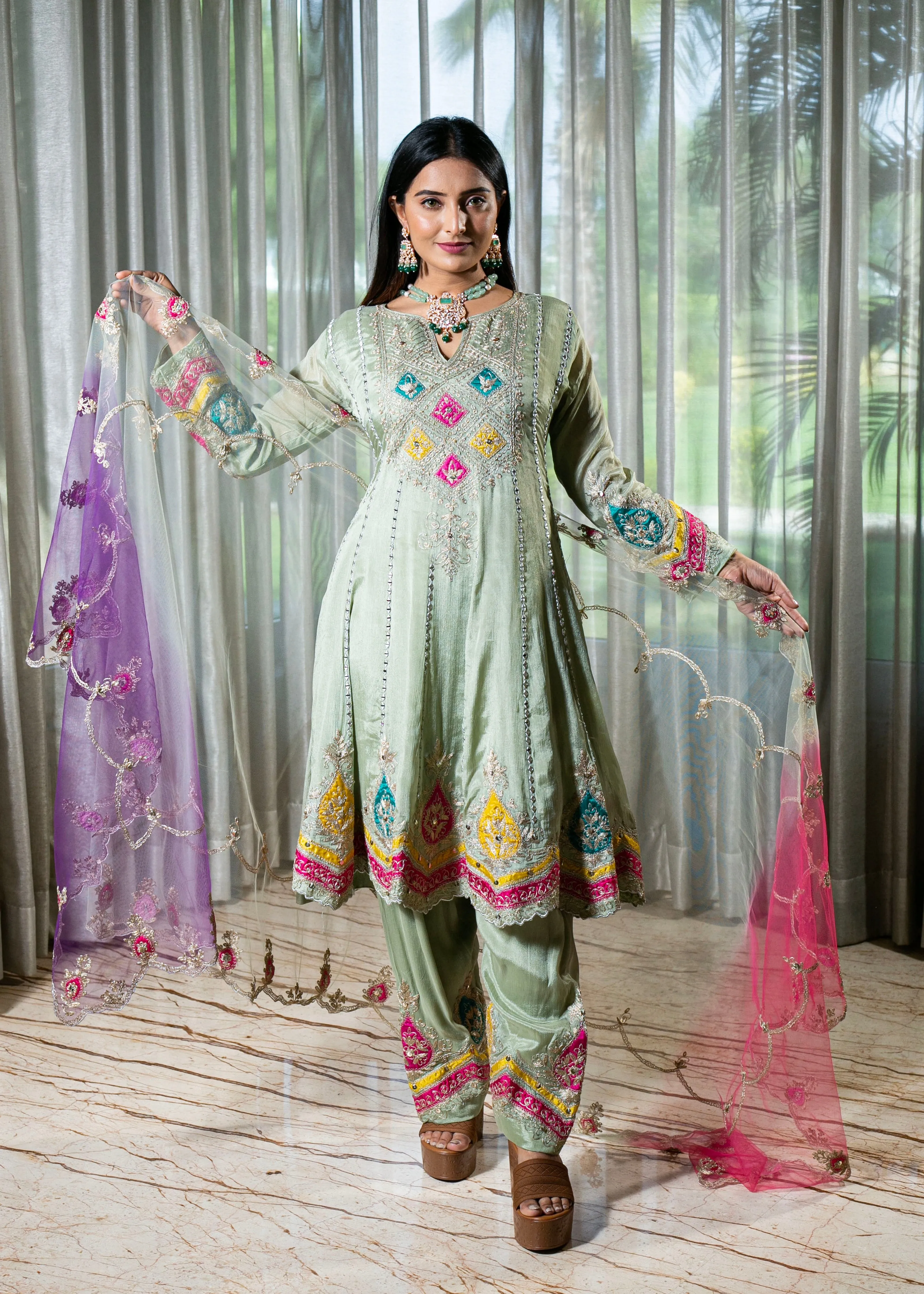 Handcrafted Pista Green Chinnon Georgette Anarkali Suit.