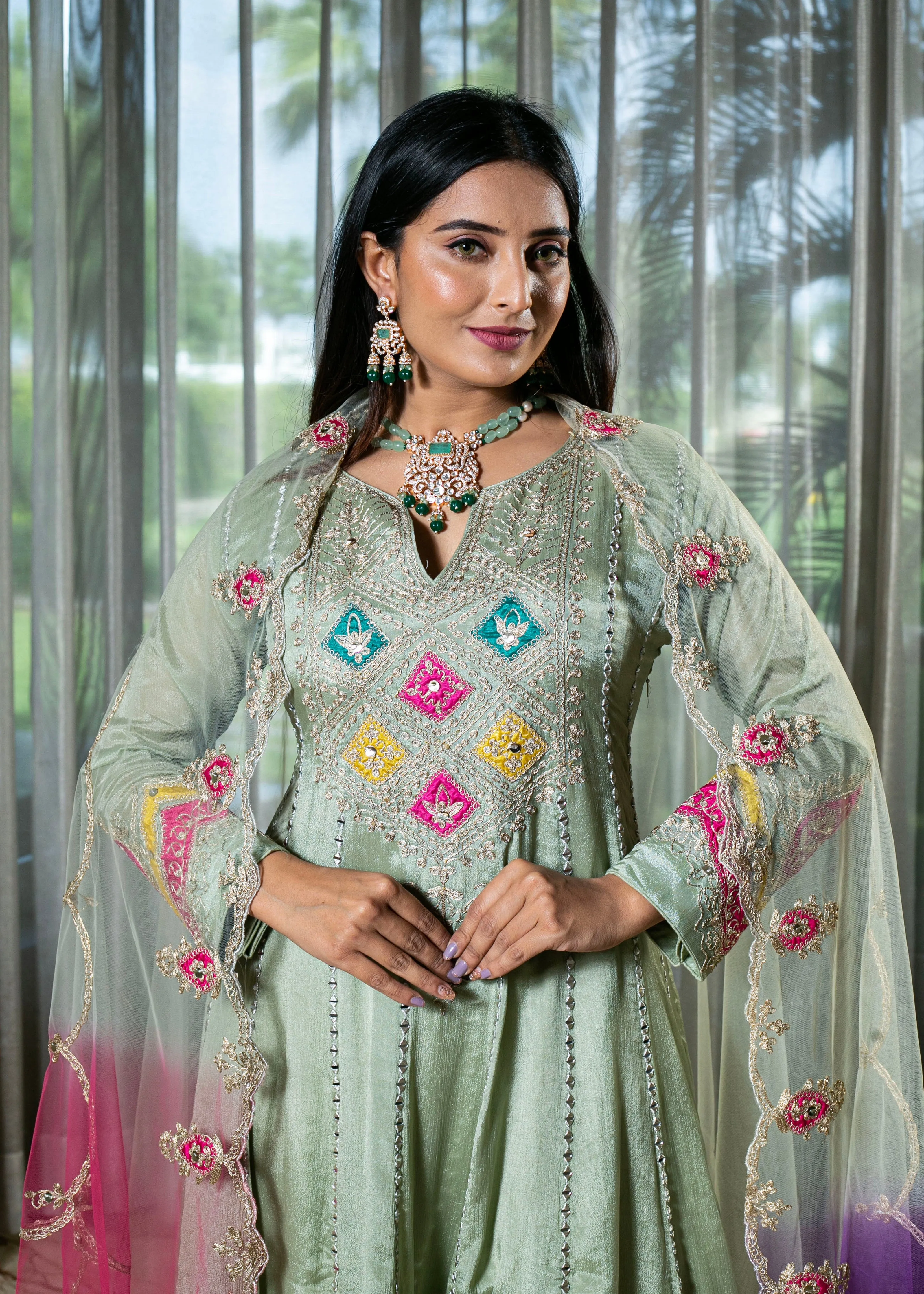 Handcrafted Pista Green Chinnon Georgette Anarkali Suit.