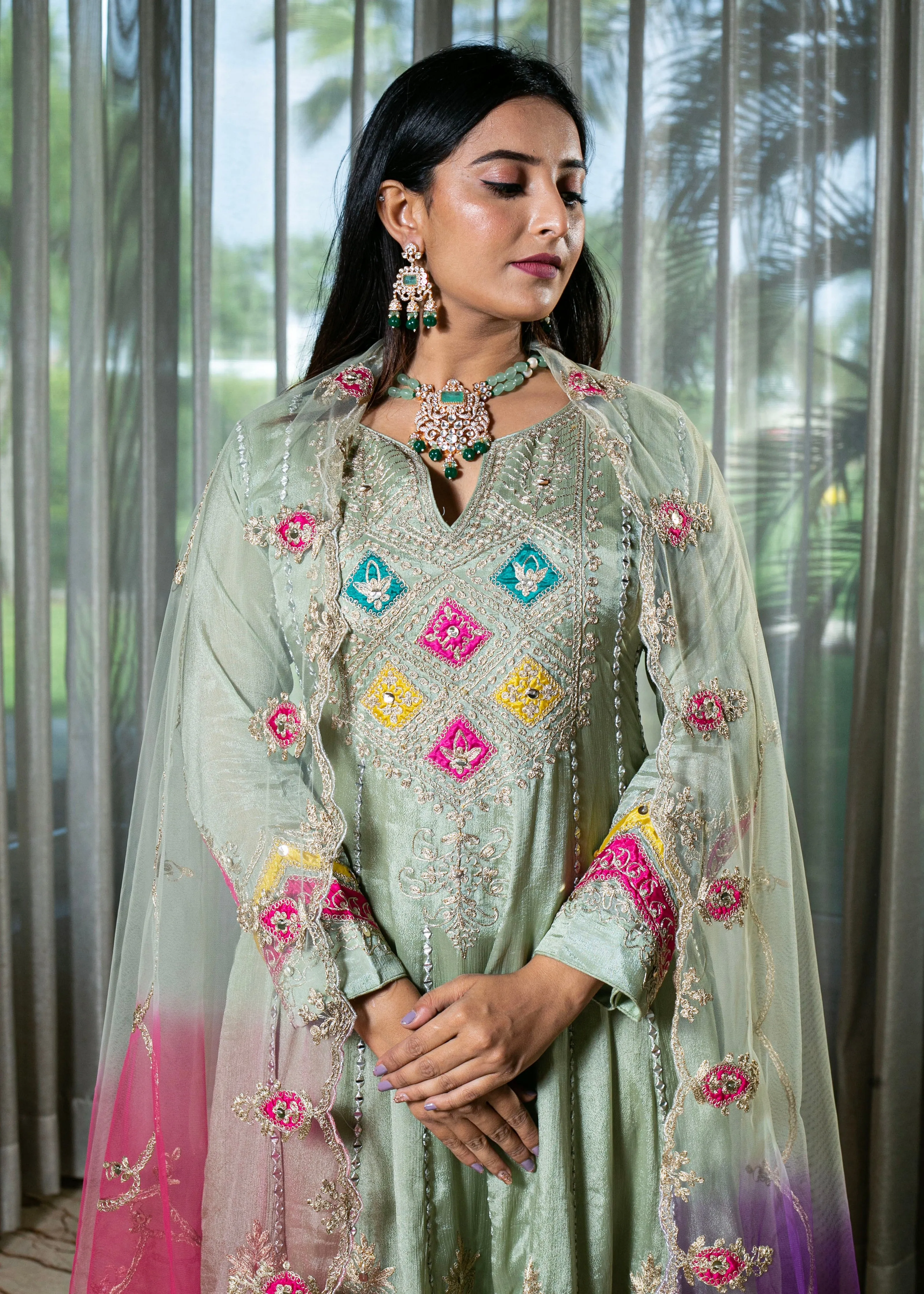 Handcrafted Pista Green Chinnon Georgette Anarkali Suit.