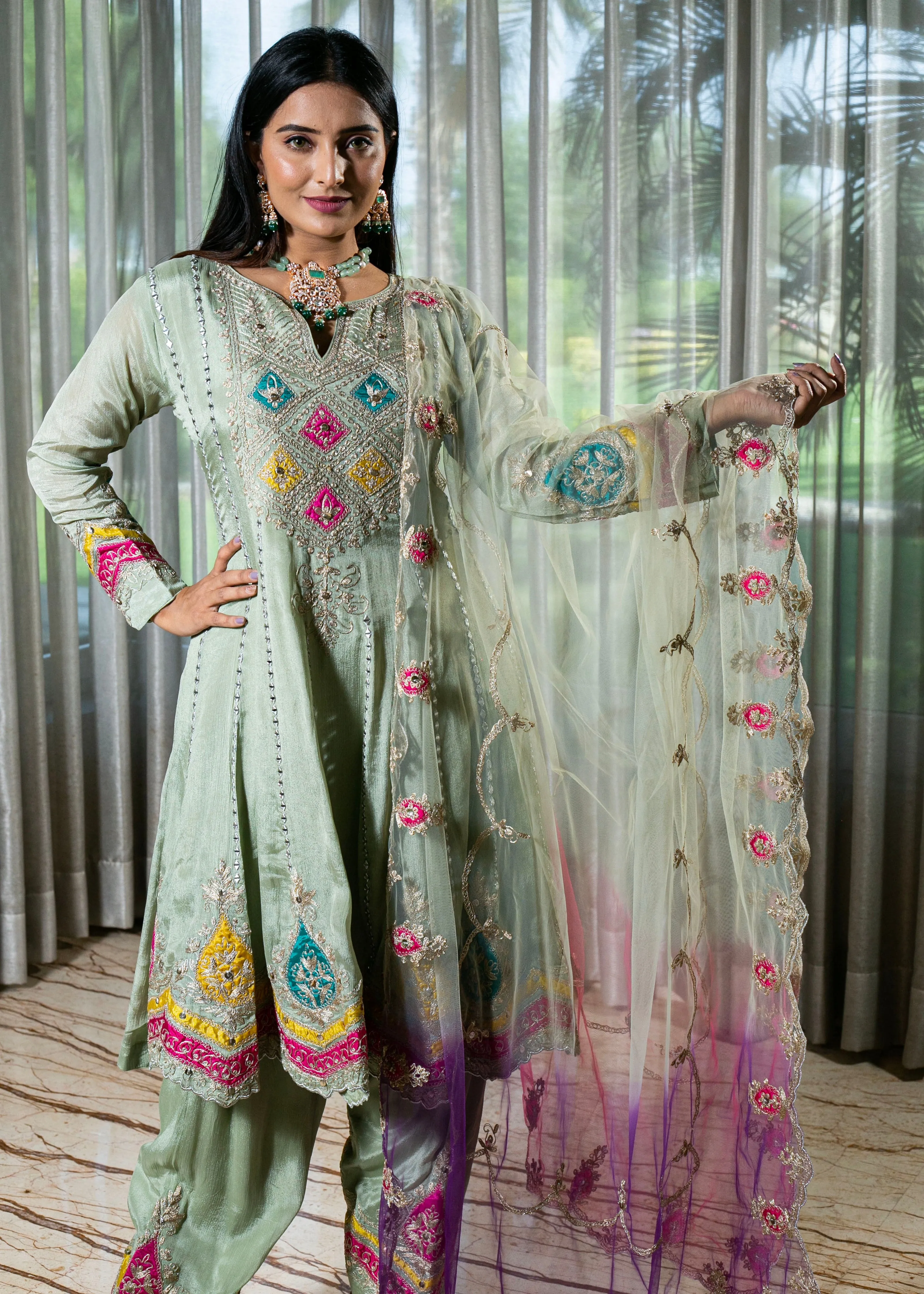 Handcrafted Pista Green Chinnon Georgette Anarkali Suit.