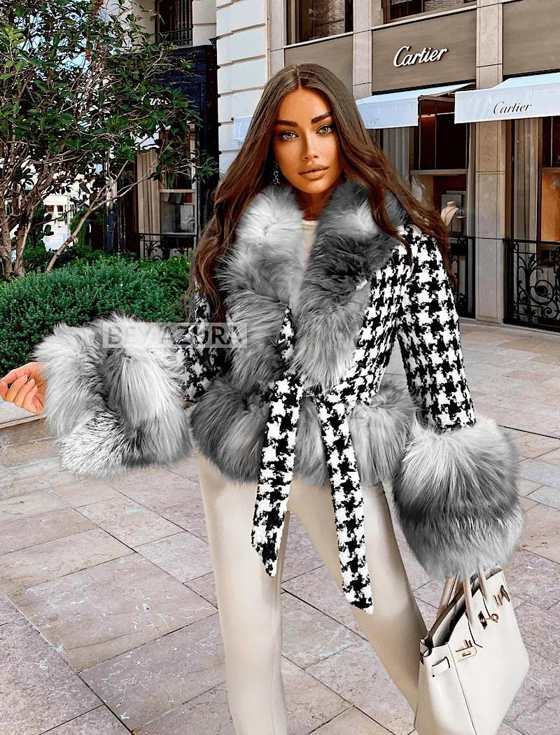 Houndstooth Fox Fur Trim Belted Wool Jacket