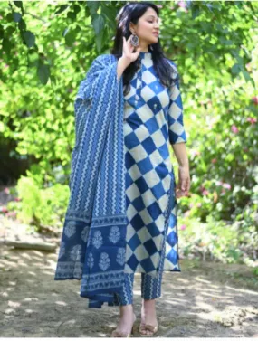 Indigo Checks Designer Kurti Pant Dupatta