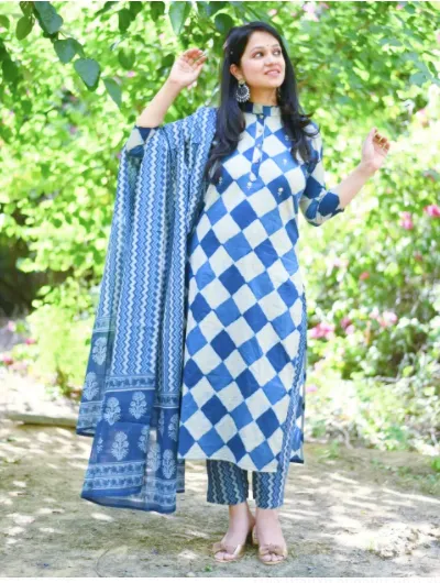 Indigo Checks Designer Kurti Pant Dupatta