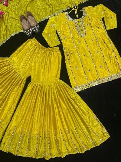 Marigold Yellow Heavy Chinon Silk Embroidery Work Sharara Suit Set