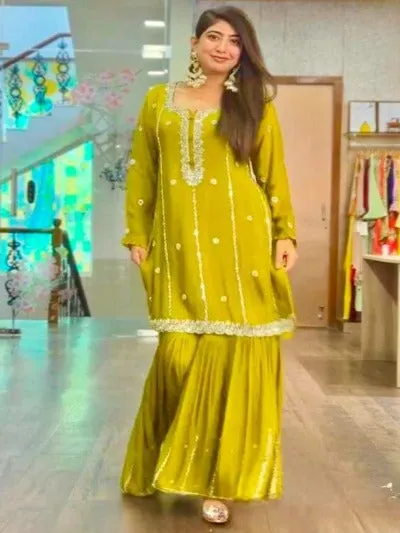 Marigold Yellow Heavy Chinon Silk Embroidery Work Sharara Suit Set