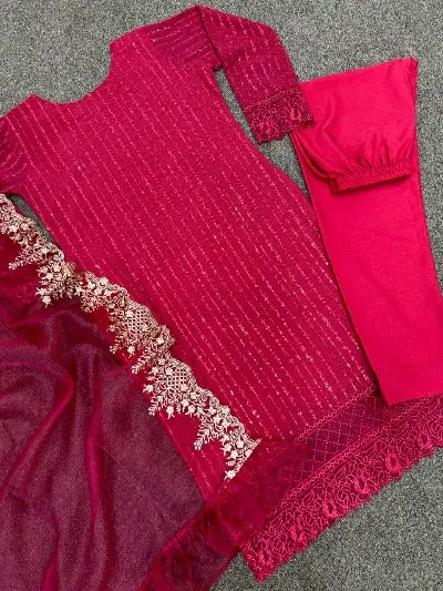 Maroon Georgette Heavy Work Designer Straight Suit Set