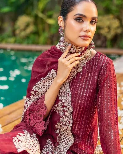 Maroon Georgette Heavy Work Designer Straight Suit Set