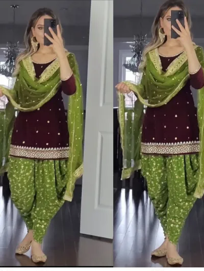 Maroon Mehandi Green Georgette Embroidered Readymade Suit