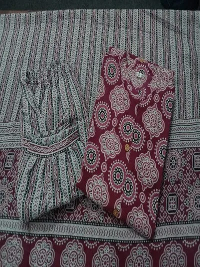 Maroon Pure Cotton Ajrakh Print Salwar Suit Set 3pc