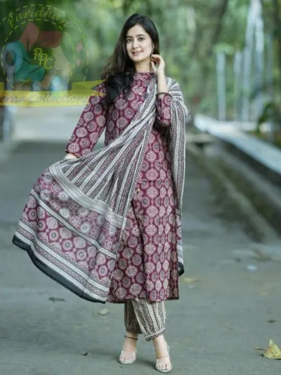 Maroon Pure Cotton Ajrakh Print Salwar Suit Set 3pc