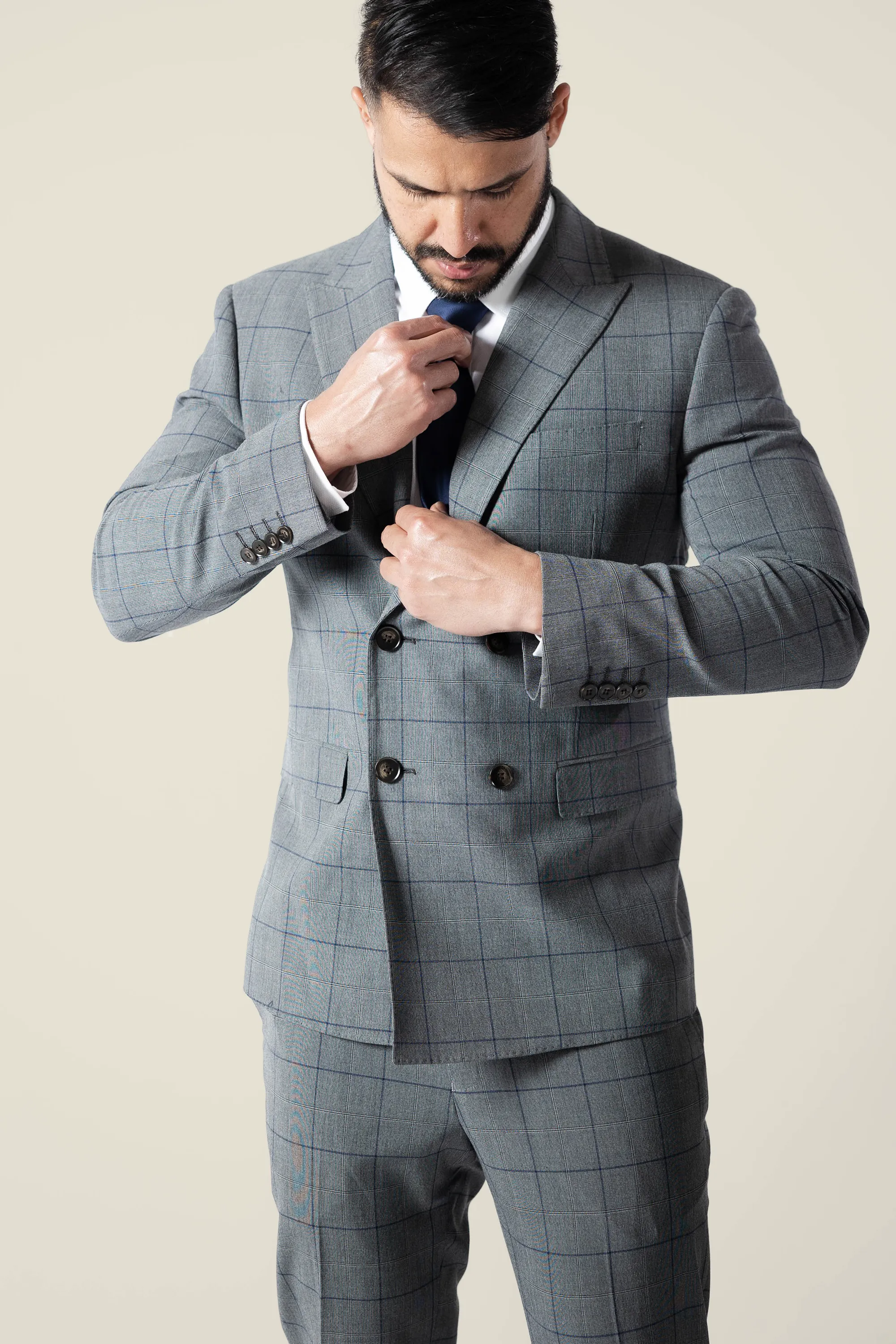 Mens Double Breasted Grey Checks Suit