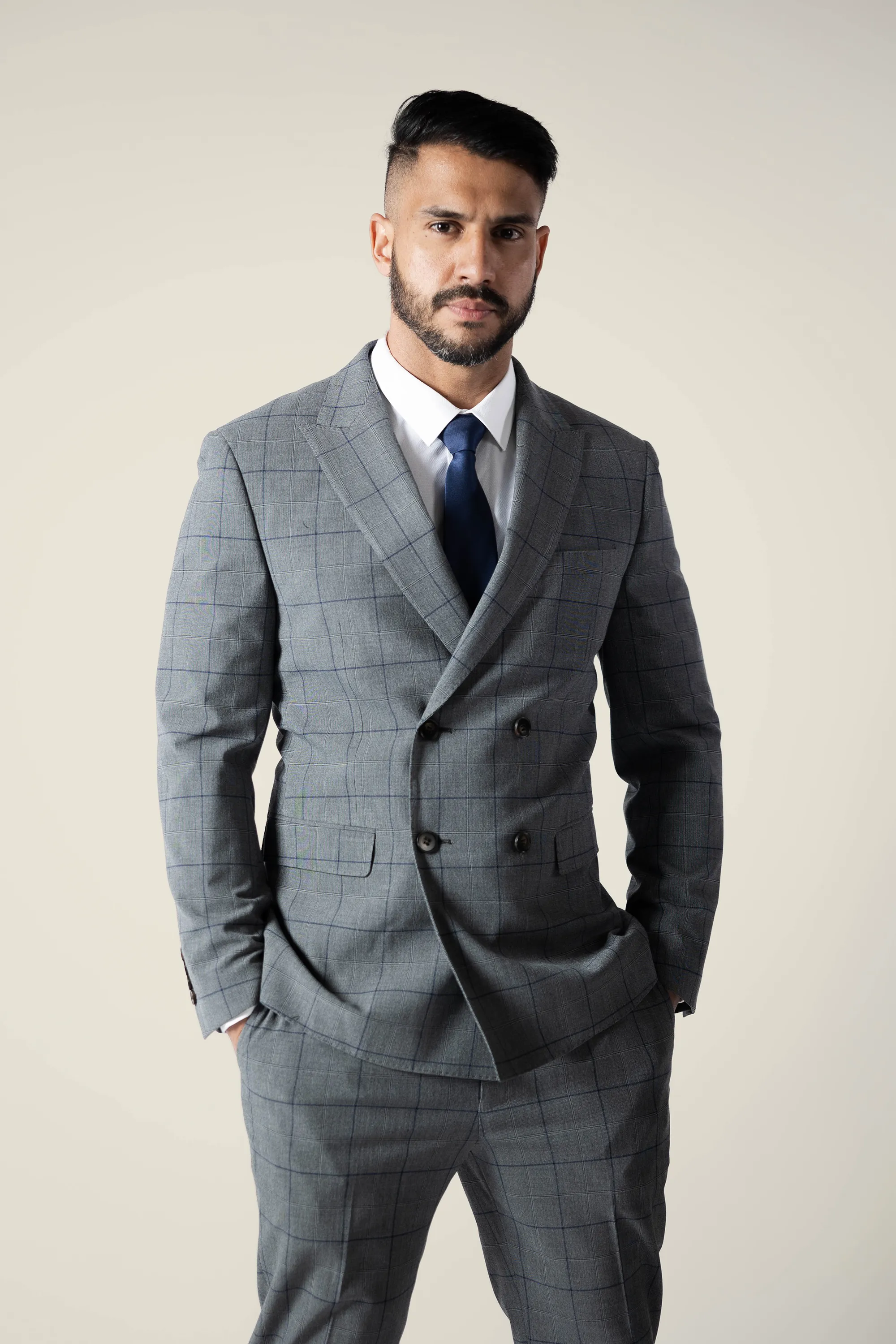 Mens Double Breasted Grey Checks Suit