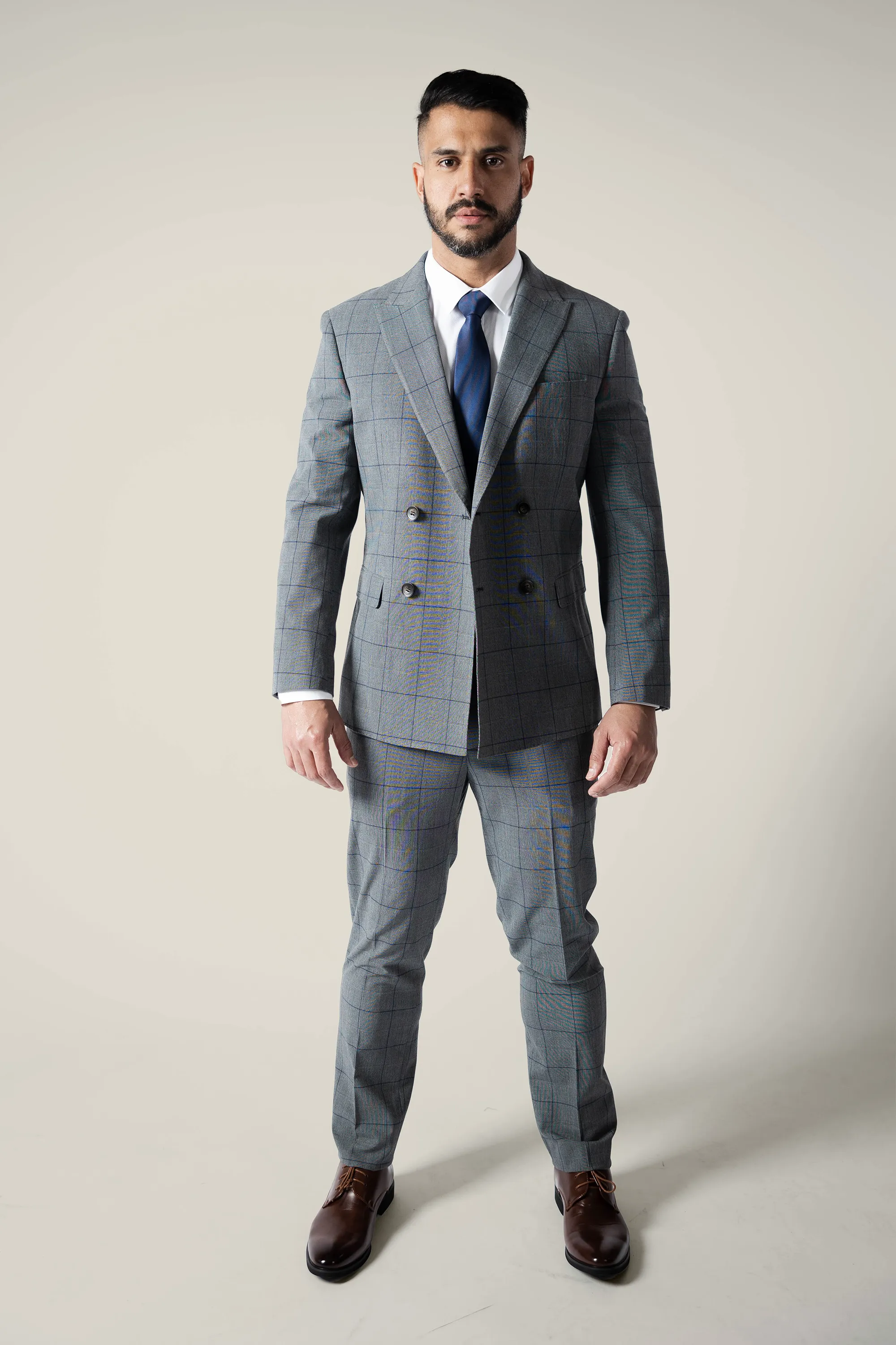 Mens Double Breasted Grey Checks Suit