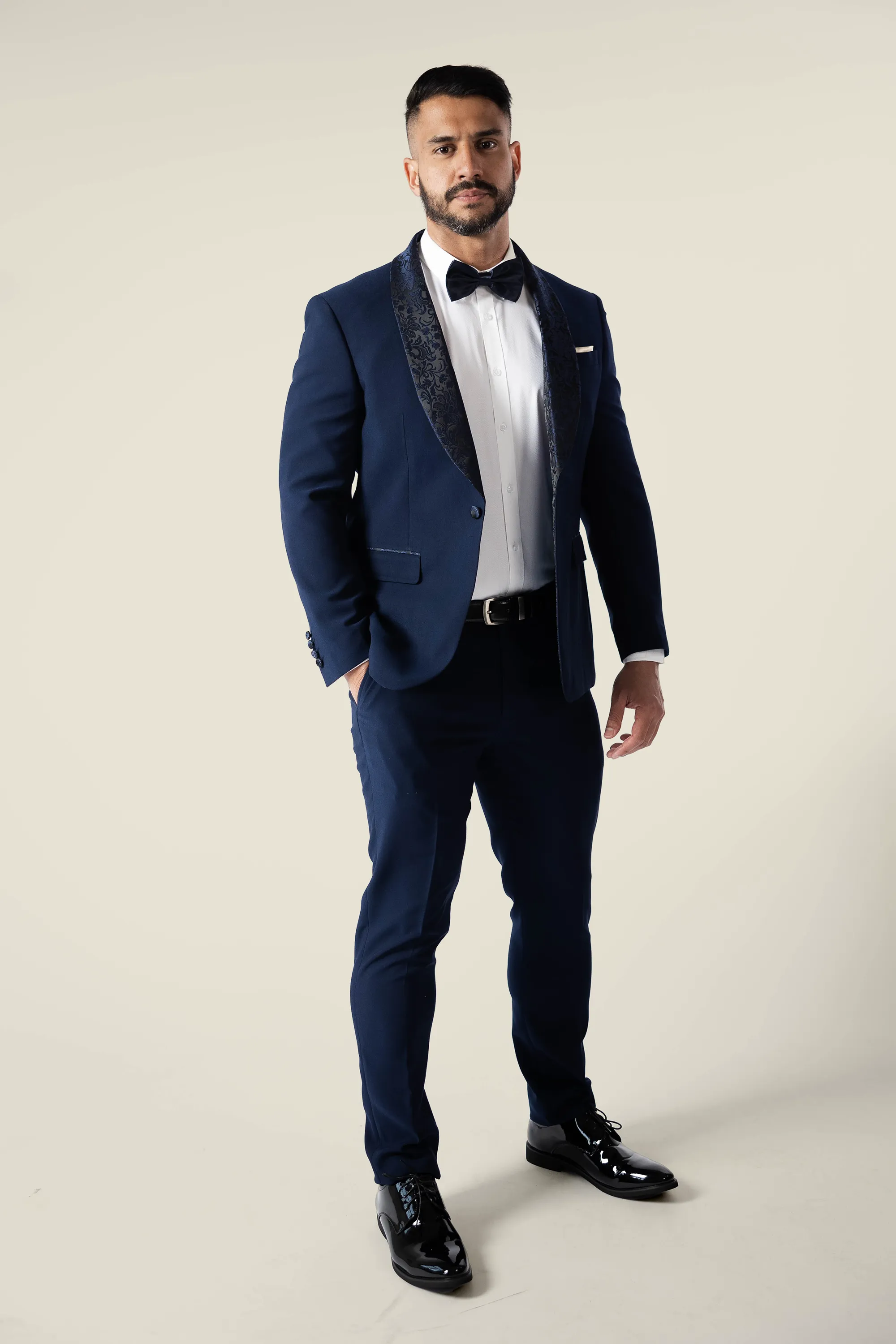 Mens Navy Tuxedo with Embroidery Lapel