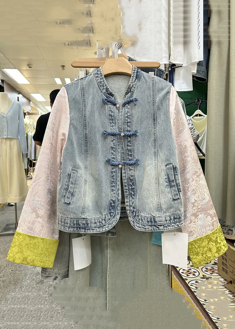 New Yellow Button Patchwork Denim Coats Long Sleeve QA1027