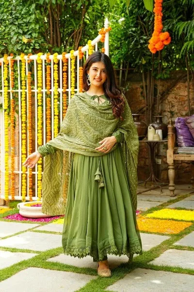 Olive Green Georgette Flair Anarkali Suit Set