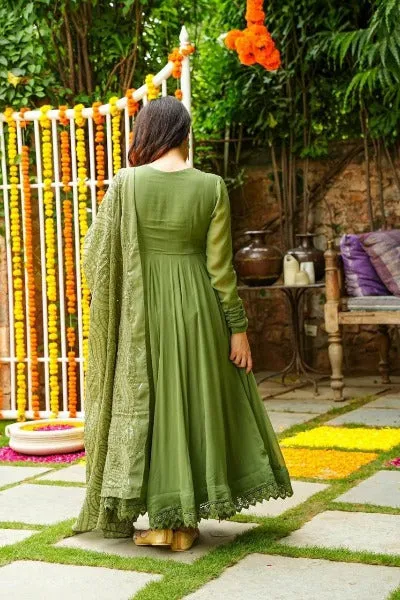 Olive Green Georgette Flair Anarkali Suit Set