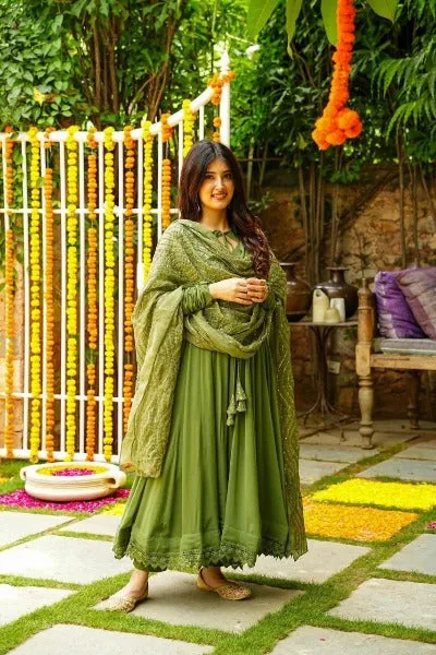 Olive Green Georgette Flair Anarkali Suit Set