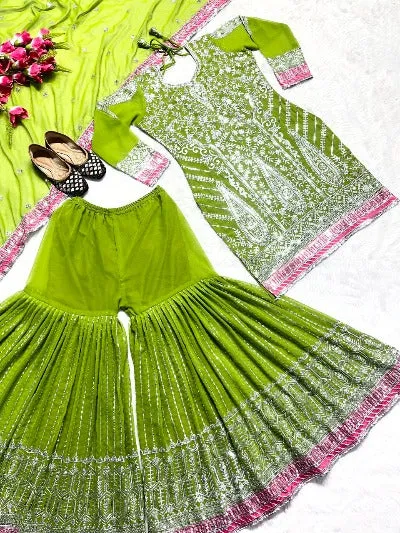 Parrot Green Sequence Work Designer Sharara Suit Set