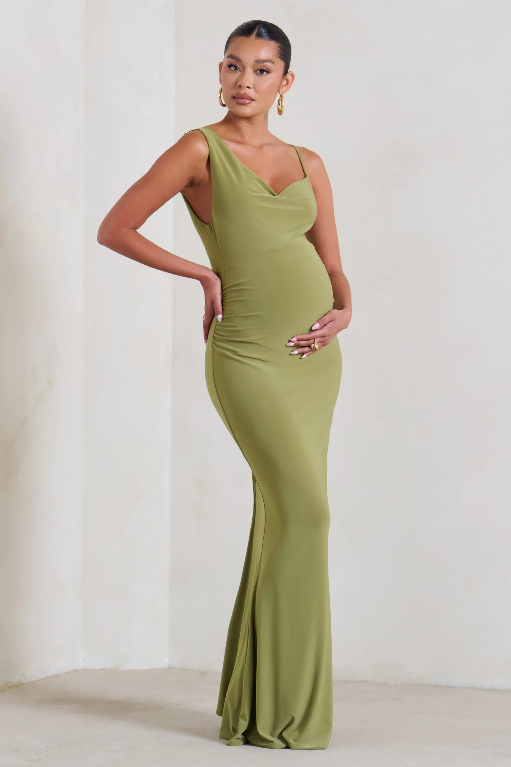 Phantasy | Olive Green Maternity Cowl Neck Maxi Dress