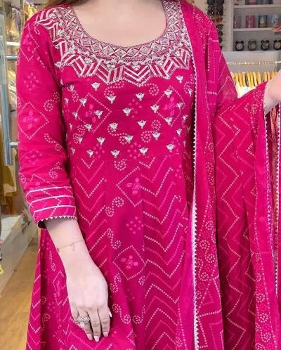 Pink Cotton Embroidered Gotta Lace Work Anarkali Suit Set