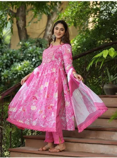 Pink Cotton Nyra Cut Salwar Suit Set