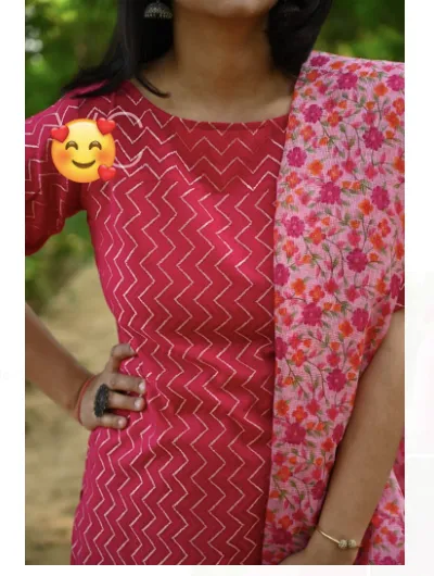 Pink Cotton Salwar Suit with Floral Organza Dupatta