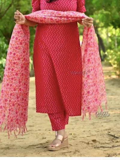 Pink Cotton Salwar Suit with Floral Organza Dupatta