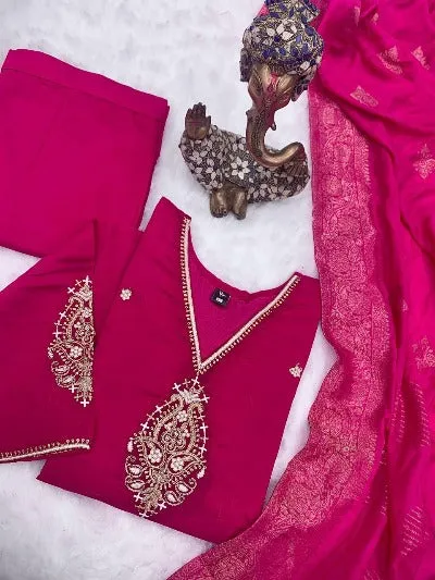 Pink Pure Chanderi Embroidery Work Salwar Suit Set