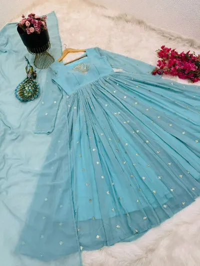 Powder Blue Georgette Embroidered Anarkali Gown With Dupatta