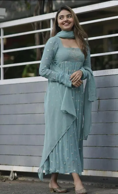 Powder Blue Georgette Embroidered Anarkali Gown With Dupatta