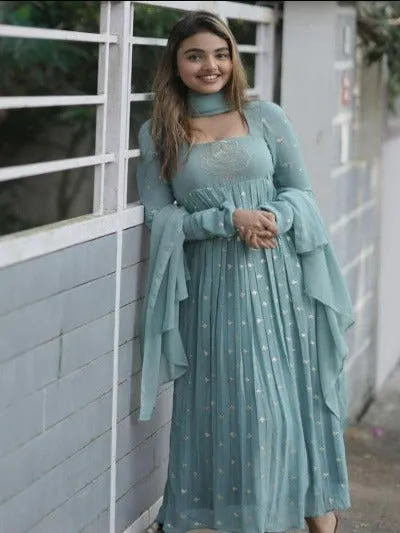 Powder Blue Georgette Embroidered Anarkali Gown With Dupatta