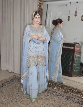 Powder Blue Georgette Embroidery Sharara Suit Set