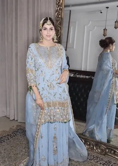 Powder Blue Georgette Embroidery Sharara Suit Set