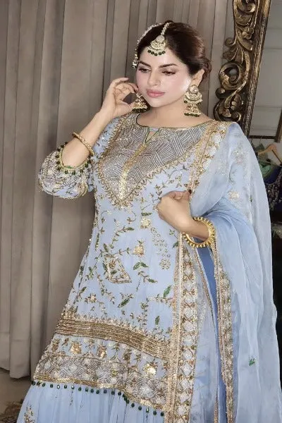 Powder Blue Georgette Embroidery Sharara Suit Set