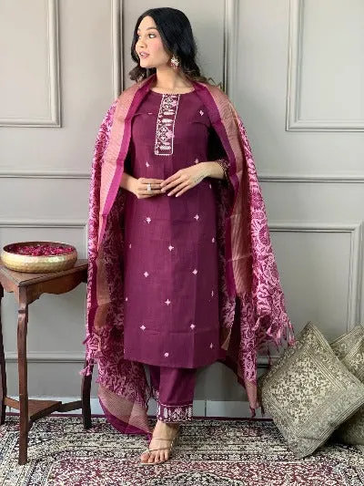 Premium Cotton Wine Salwar Suit Set With Silk Dupatta