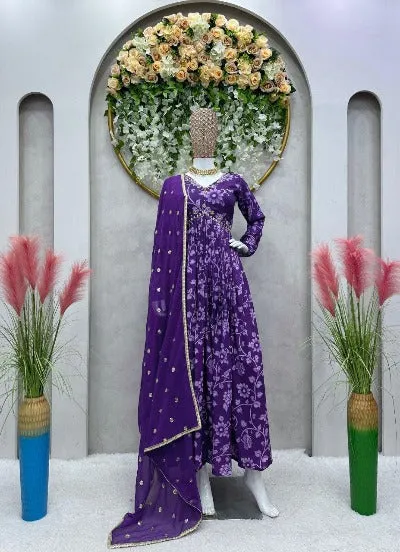 Purple Muslin Alia Cut Digital Print Salwar Suit Set