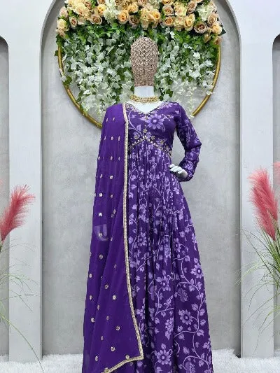 Purple Muslin Alia Cut Digital Print Salwar Suit Set