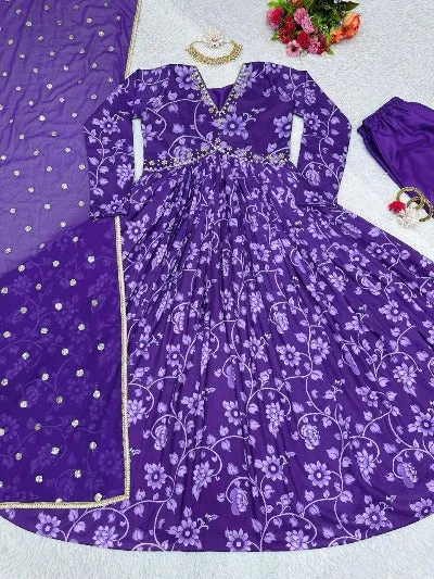 Purple Muslin Alia Cut Digital Print Salwar Suit Set