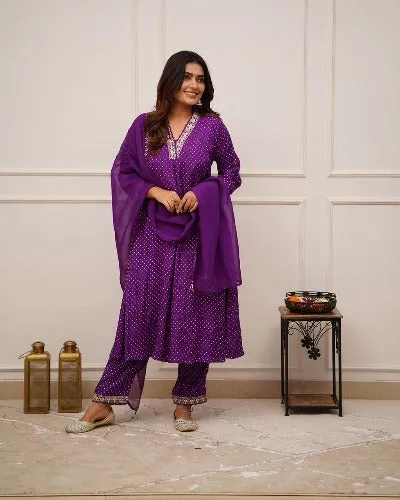 Purple Rayon Beautiful Print & Embroidery Work Salwar Suit Set