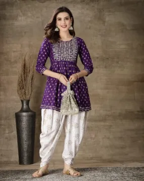 Purple Rayon Gold Printed Kurti With Dhoti Pant Set Of 2