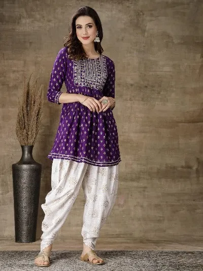 Purple Rayon Gold Printed Kurti With Dhoti Pant Set Of 2