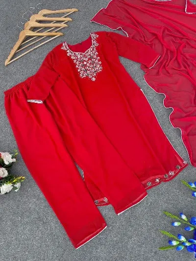 Red Faux Georgette Handwork Salwar Suit Set