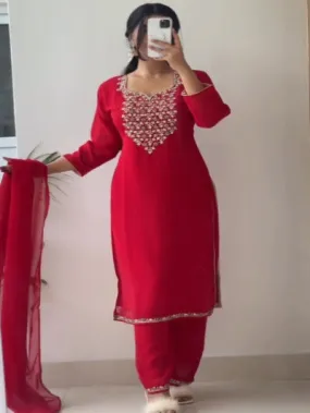 Red Faux Georgette Handwork Salwar Suit Set